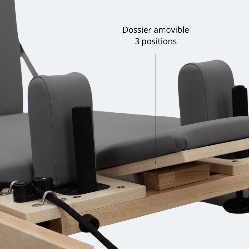 Vue rapprochée dossier amovible trois positions coussins gris foncé mécanique réglage reformer bois